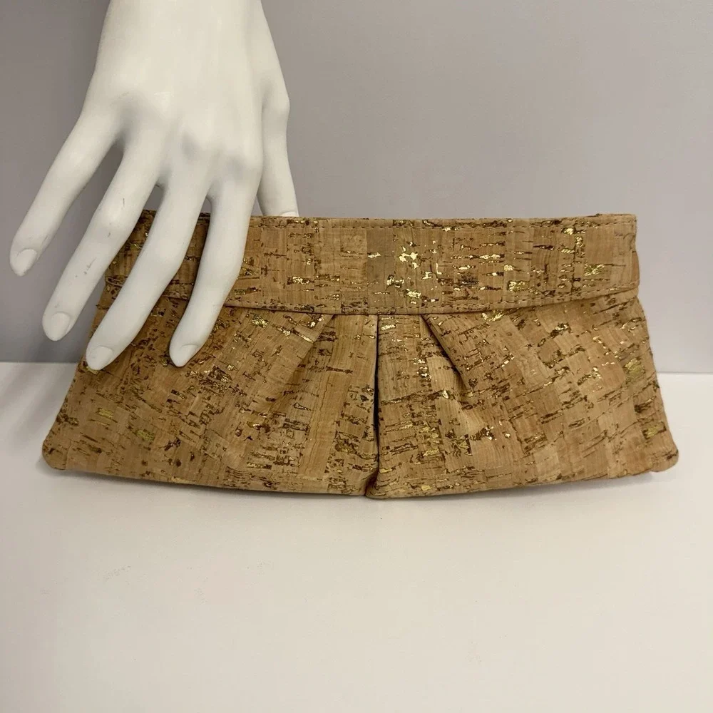 Lauren Merkin Cork Gold Flecks Clutch Bag Purse NWT Tan & Gold Tones